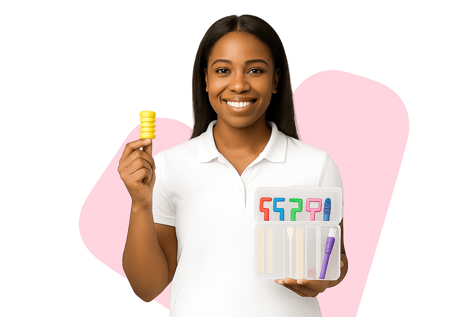 A speech-language pathologist seated with learning materials, smiling, in a cut-out studio portrait.