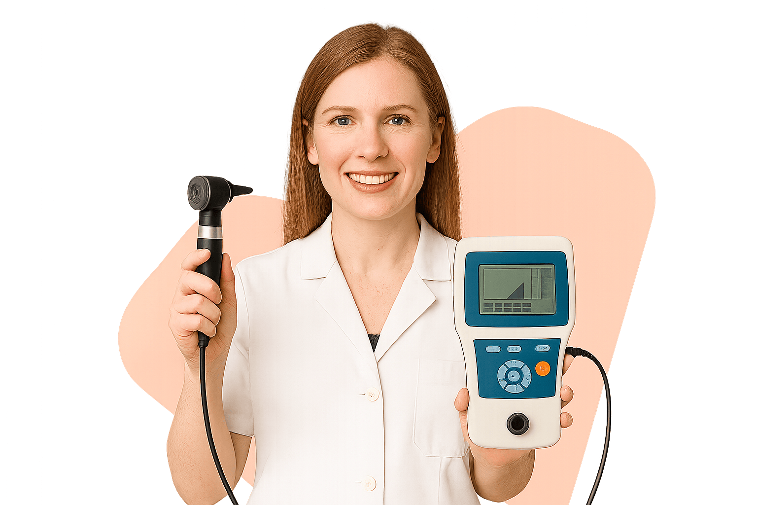 Audiologist in a white coat smiling while holding an otoscope and a handheld hearing-test device.