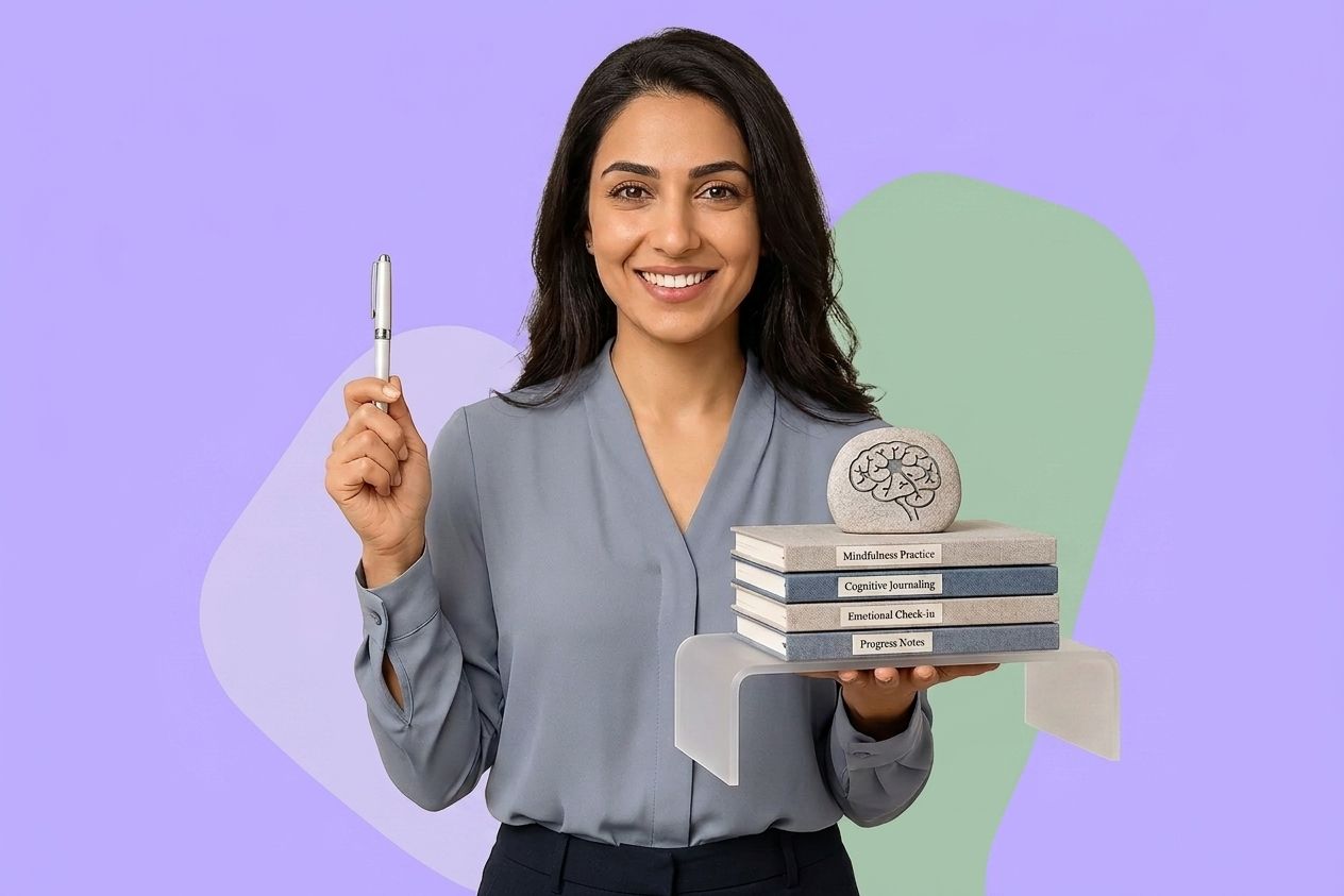 A behavioral health clinician in a grey blouse smiling, holding a pen and a stack of therapy workbooks labeled mindfulness practice, cognitive journaling, emotional check-in and progress notes, with a brain figurine on top.
