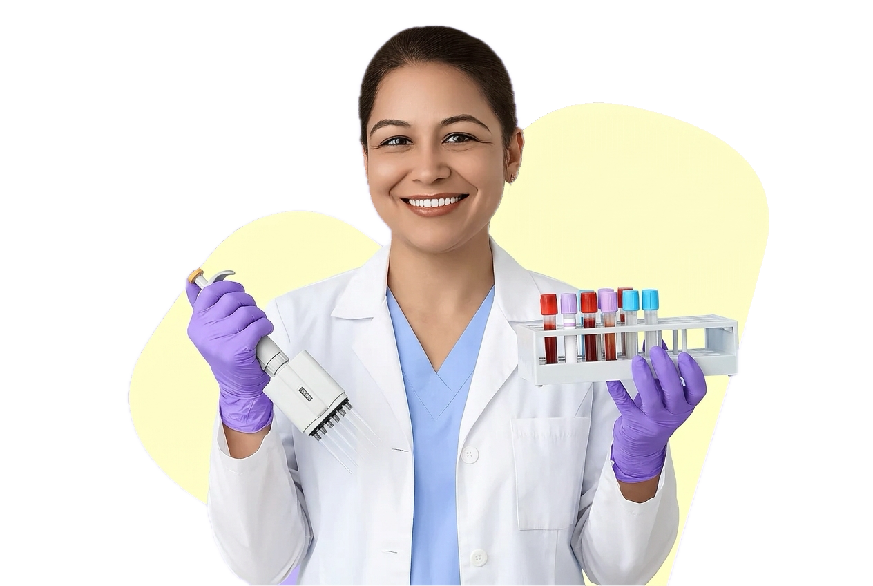 A medical laboratory scientist in a white lab coat and purple gloves, holding a rack of blood collection tubes and a multichannel pipette.