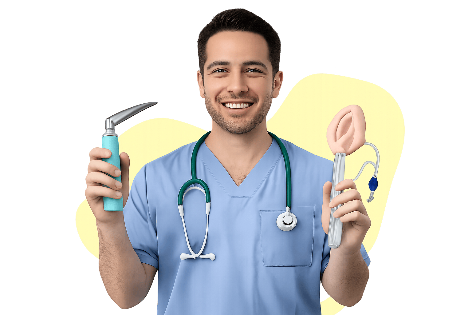 A certified registered nurse anesthetist in surgical scrubs and cap, smiling, in a cut-out studio portrait.