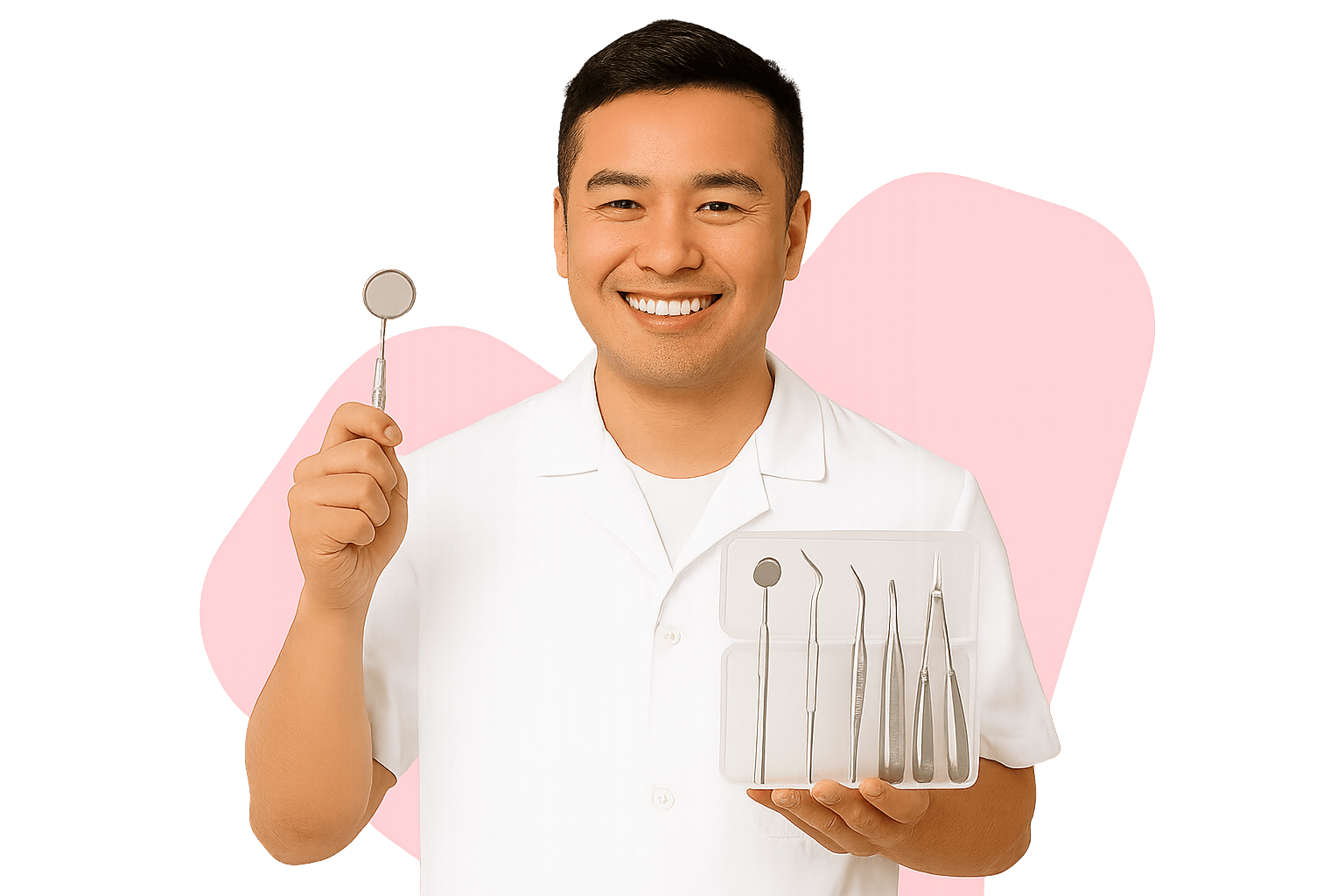 A dental professional in a clinical tunic, smiling, in a cut-out studio portrait.