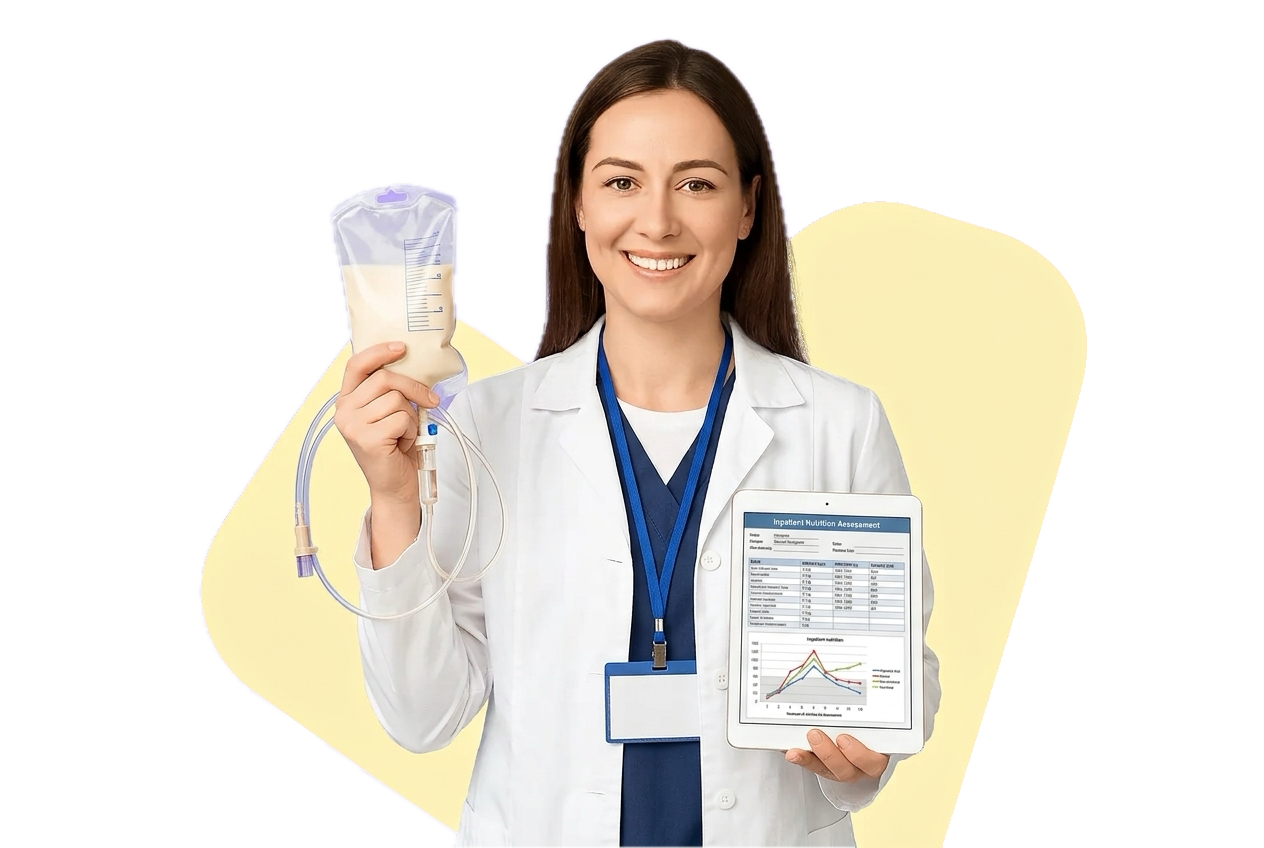 A registered dietitian in a white coat holding a plate of fresh vegetables and a clipboard.