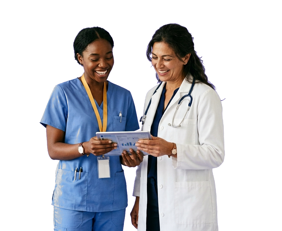 A hospital nurse in scrubs and a physician in a white coat smiling as they review a patient chart together on a tablet.