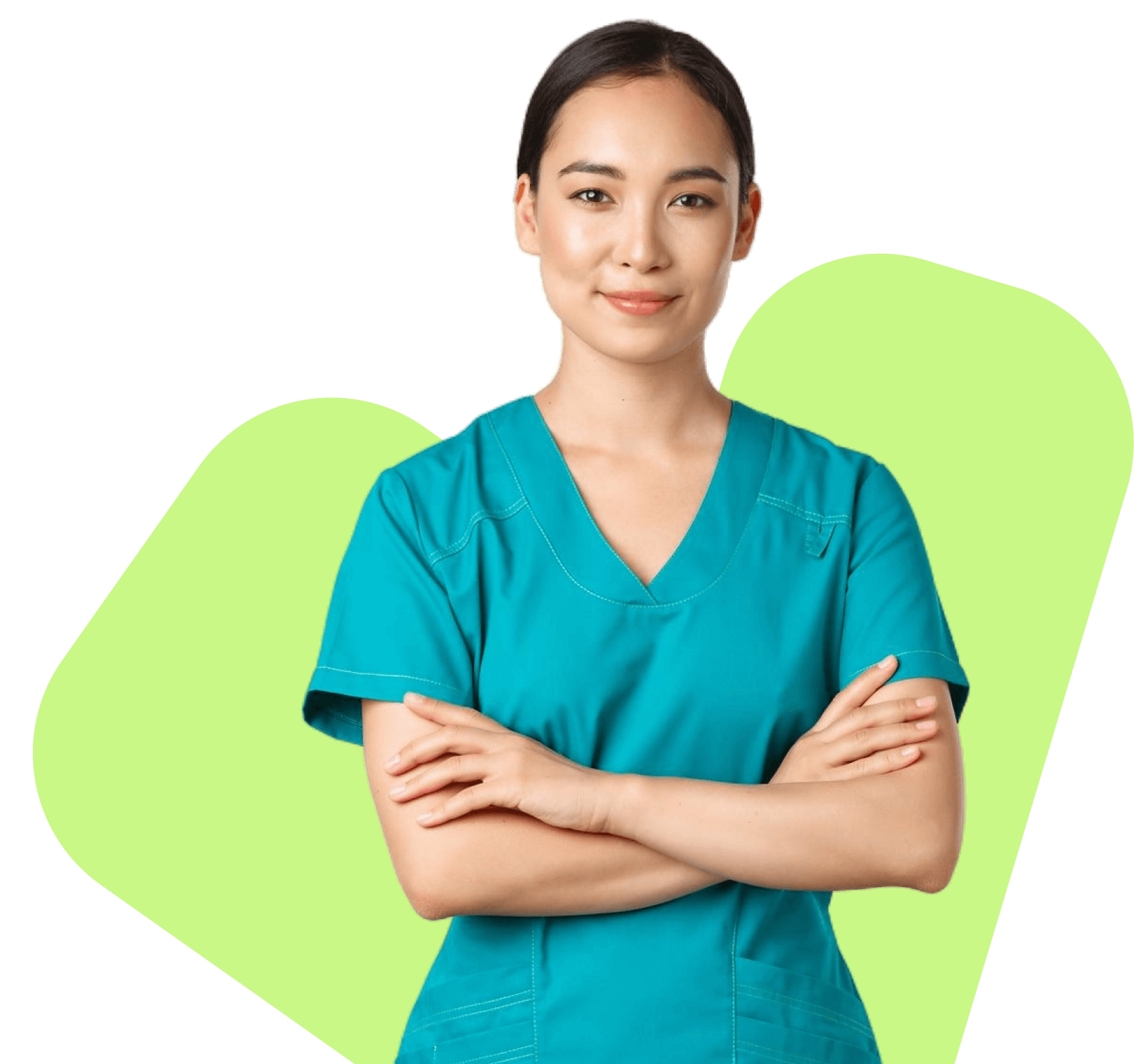 Healthcare clinician in teal scrubs standing with arms folded