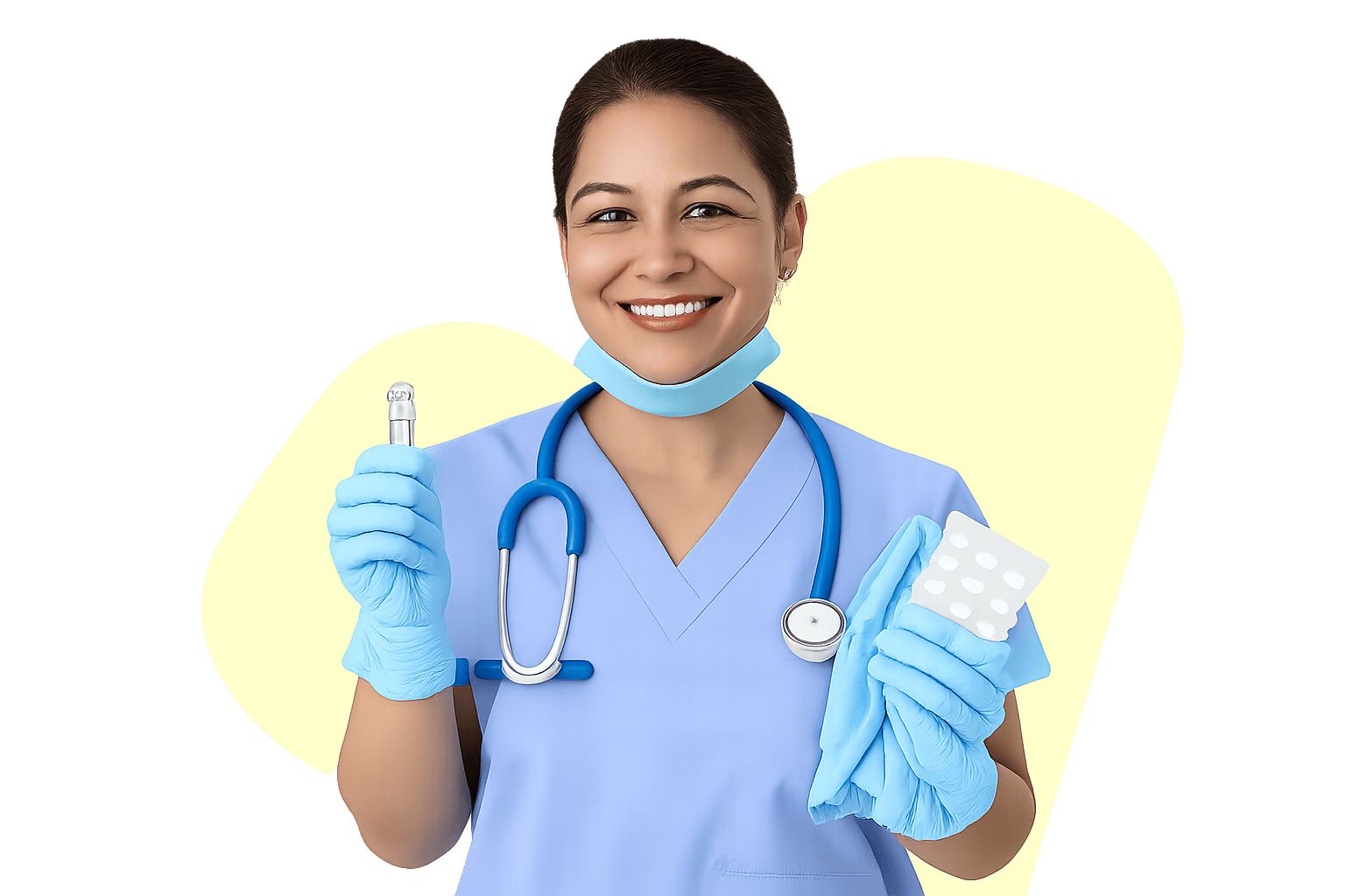 A nurse practitioner in scrubs with a stethoscope, smiling, in a cut-out studio portrait.