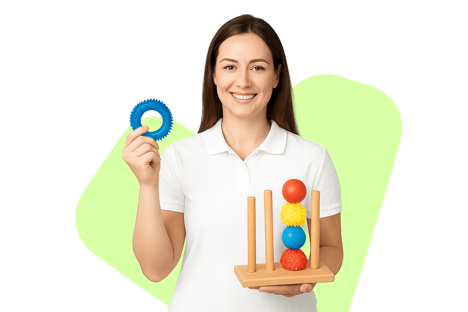 An occupational therapist in a cardigan, smiling, in a cut-out studio portrait.