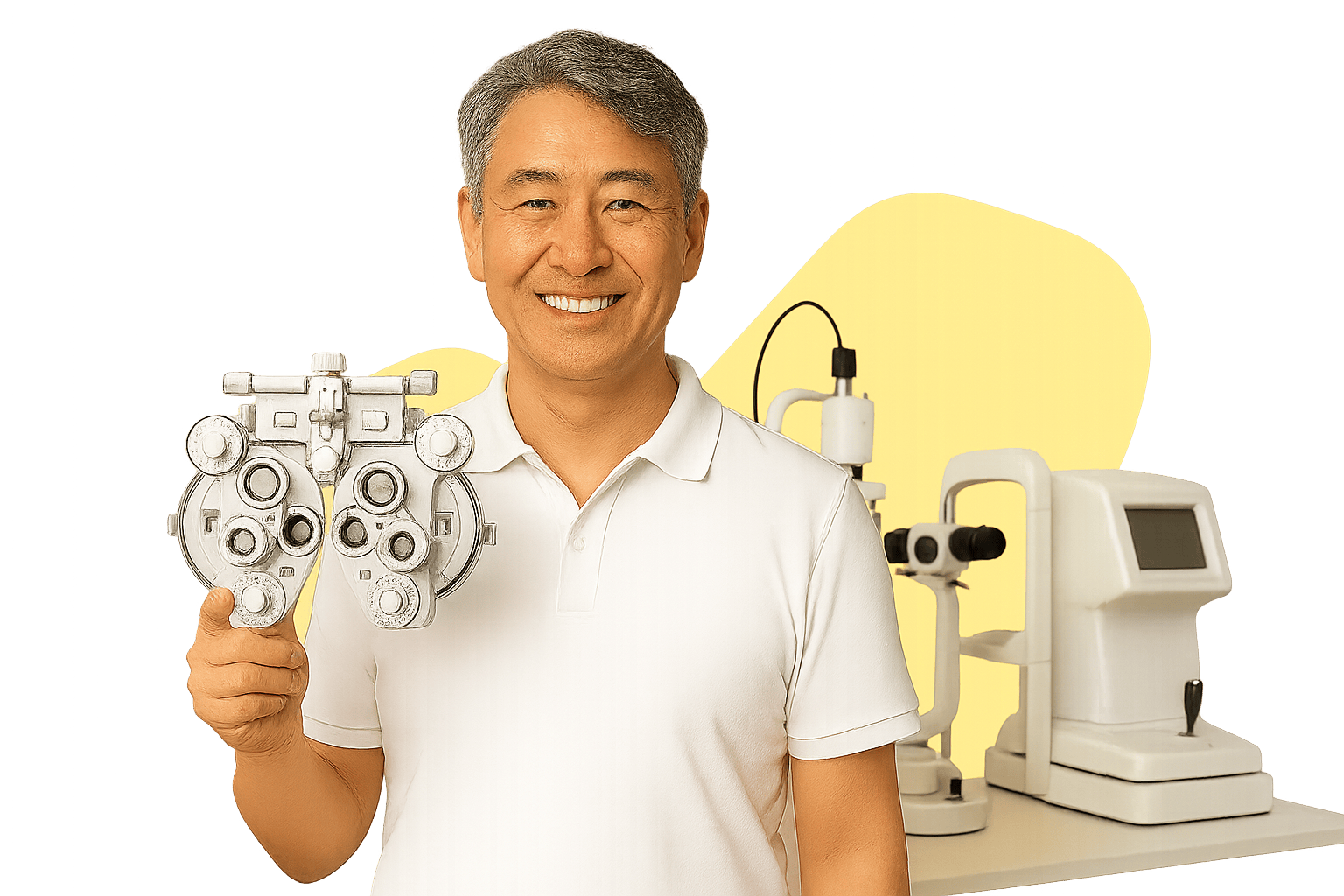 An optometrist beside a phoropter eye-exam instrument, smiling, in a cut-out studio portrait.