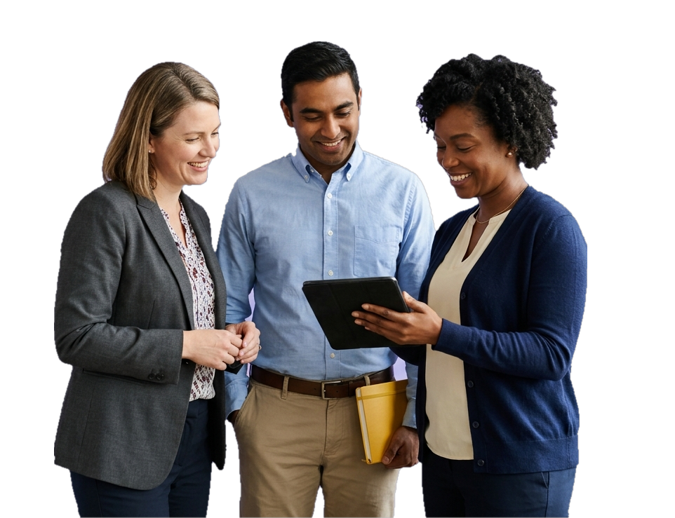 Three association colleagues standing together and smiling as they review something on a tablet, one holding a yellow folder.