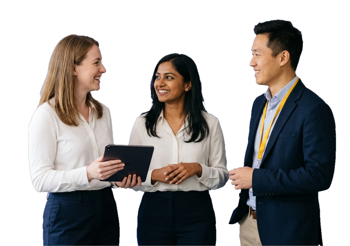 Three colleagues standing together in conversation, one holding a tablet, smiling, with a yellow lanyard on one of them.