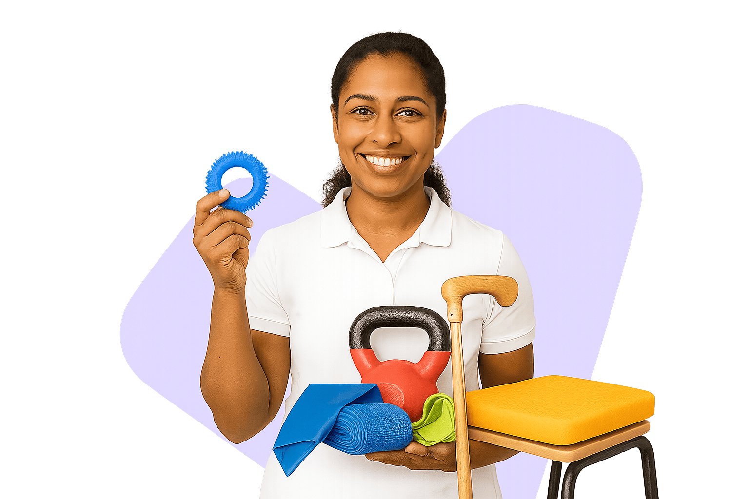 A physical therapist in a polo shirt, smiling, in a cut-out studio portrait.