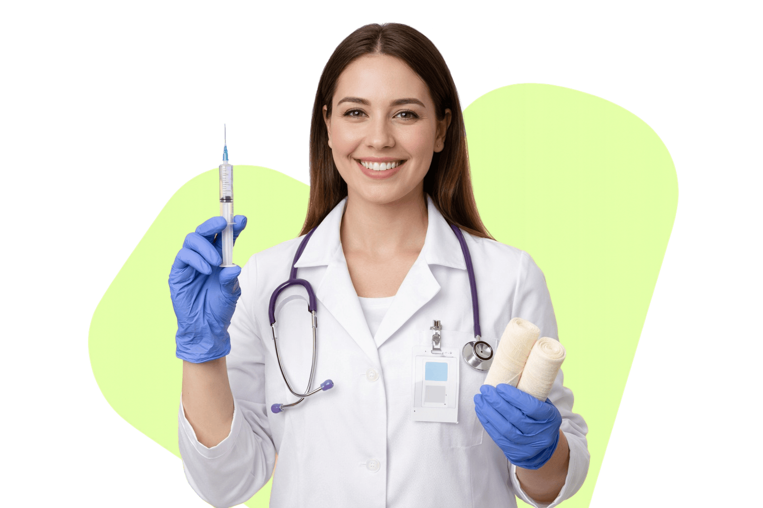 A physician assistant in a white coat, smiling, in a cut-out studio portrait.