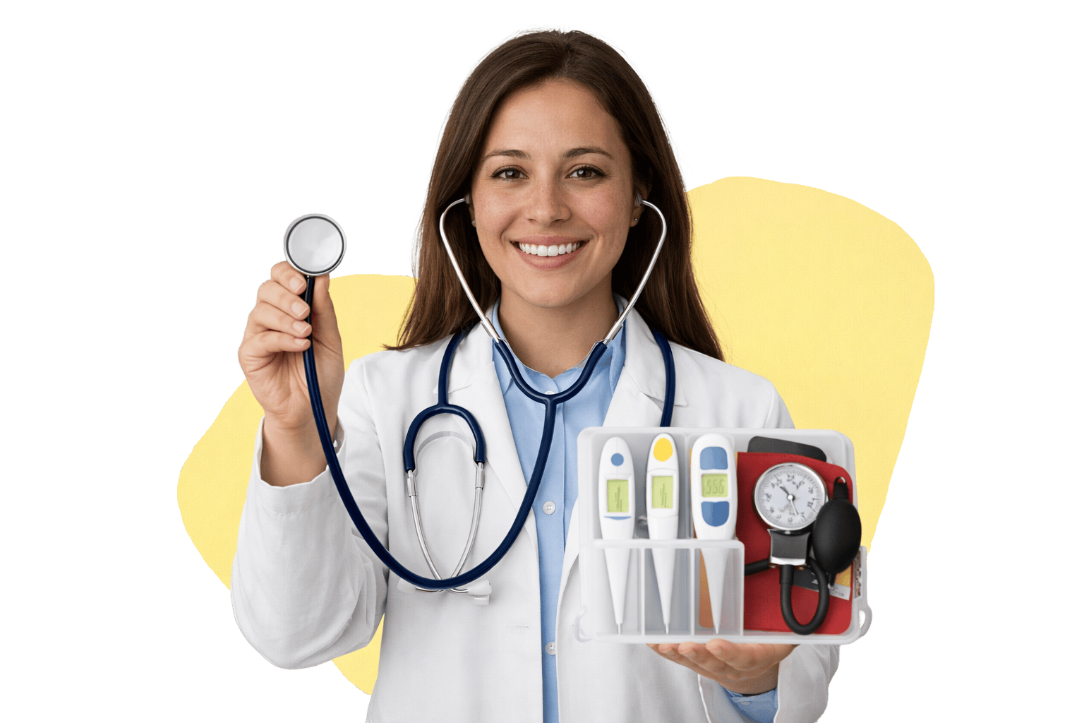 A physician in a white coat with a stethoscope, smiling, in a cut-out studio portrait.