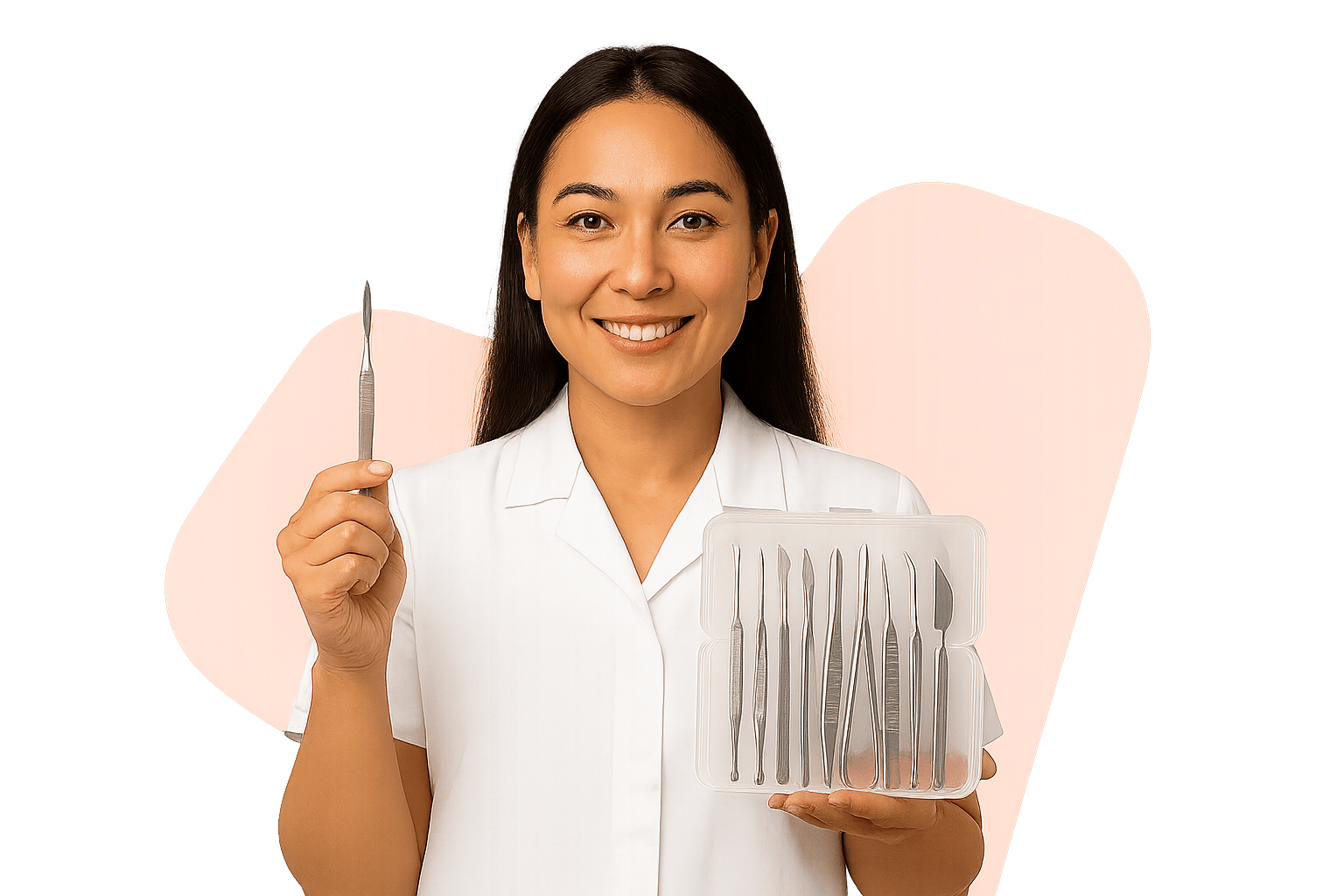 A podiatrist in a white coat, smiling, in a cut-out studio portrait.