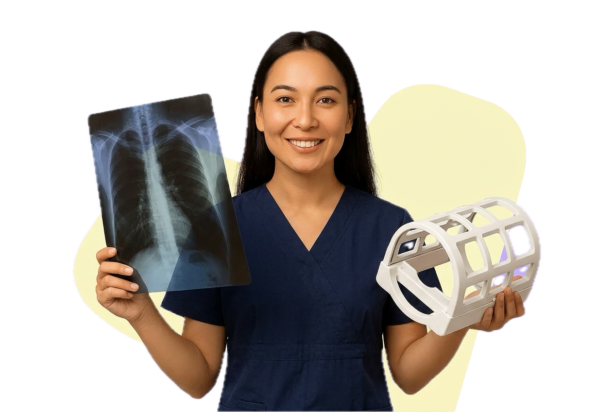 A radiologic technologist in navy scrubs holding a chest X-ray film and an MRI head coil.