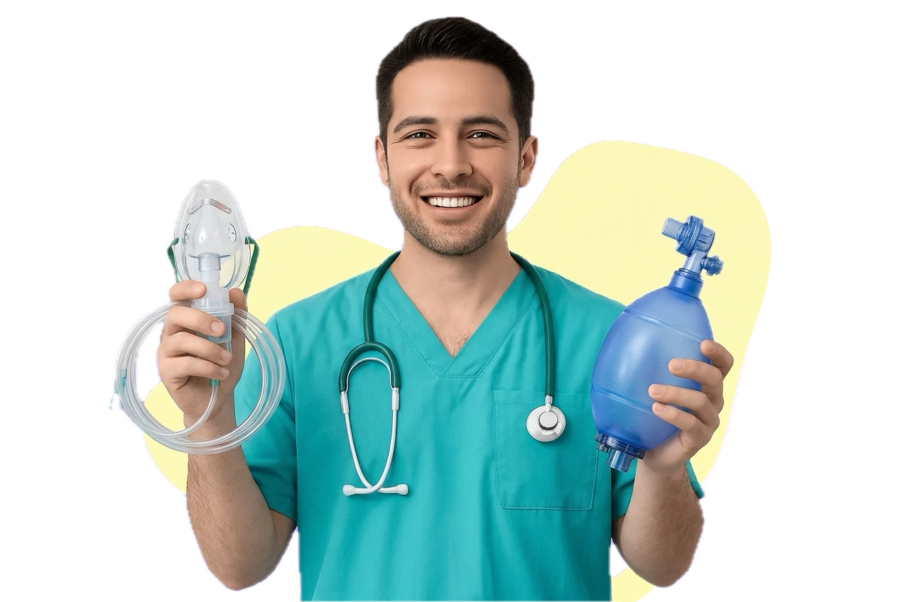 A respiratory therapist in teal scrubs holding an oxygen mask with tubing and a bag-valve resuscitator.
