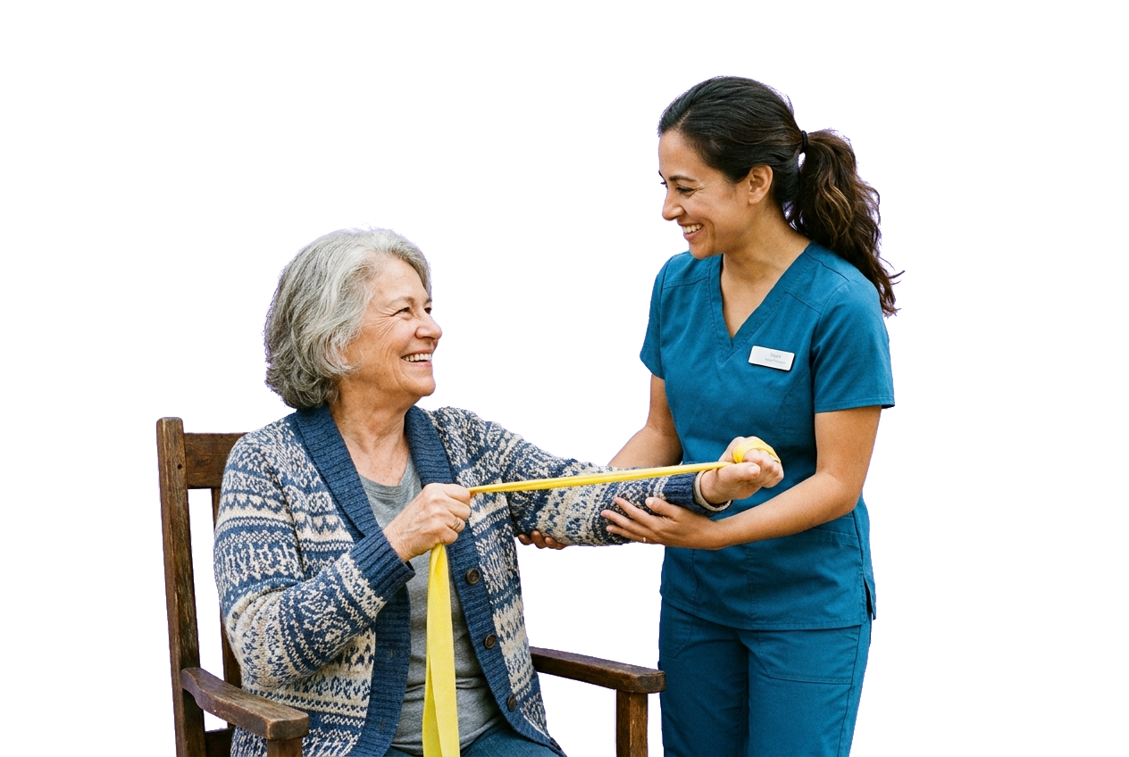 A physical therapist in teal scrubs guiding an older adult resident through a gentle rehab exercise.