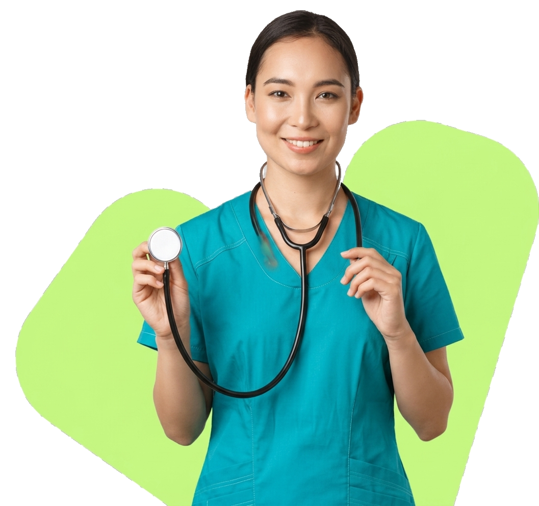 A clinician in teal scrubs holding a stethoscope, smiling, in a cut-out studio portrait.