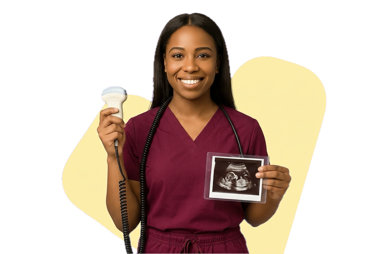 A sonographer in scrubs holding an ultrasound transducer probe and a printed ultrasound scan.