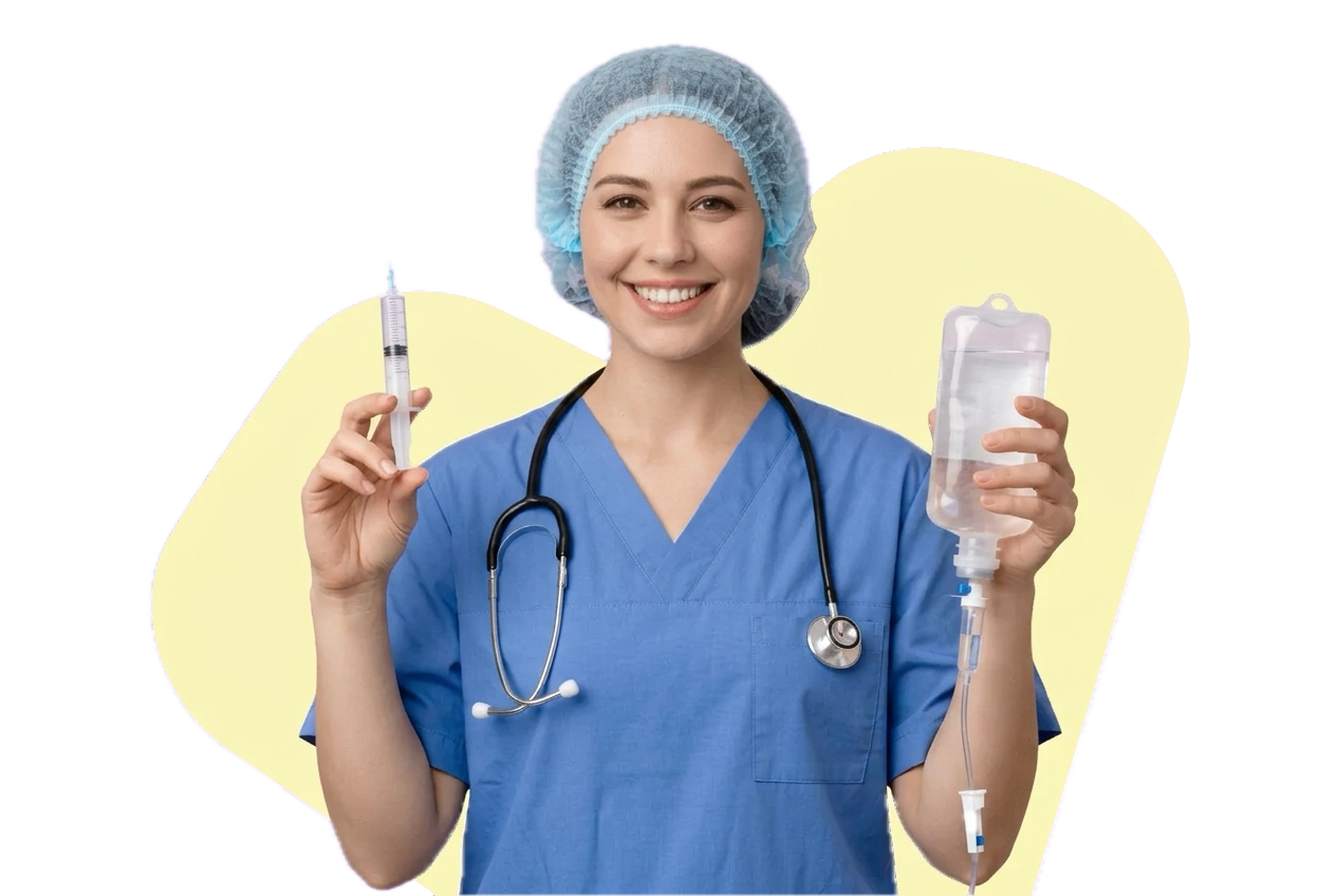 An ICU nurse in blue scrubs and a surgical cap holding an IV fluid bag and a syringe.