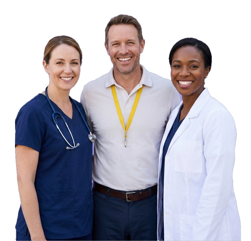 Three healthcare professionals standing together and smiling, a nurse in scrubs, a man in a polo with a lanyard, and a nurse practitioner in a white coat.
