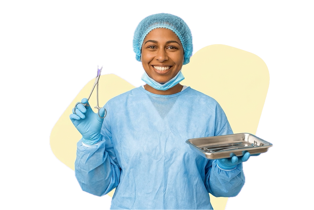 A surgical technologist in a surgical gown and cap holding surgical forceps and a stainless steel instrument tray.