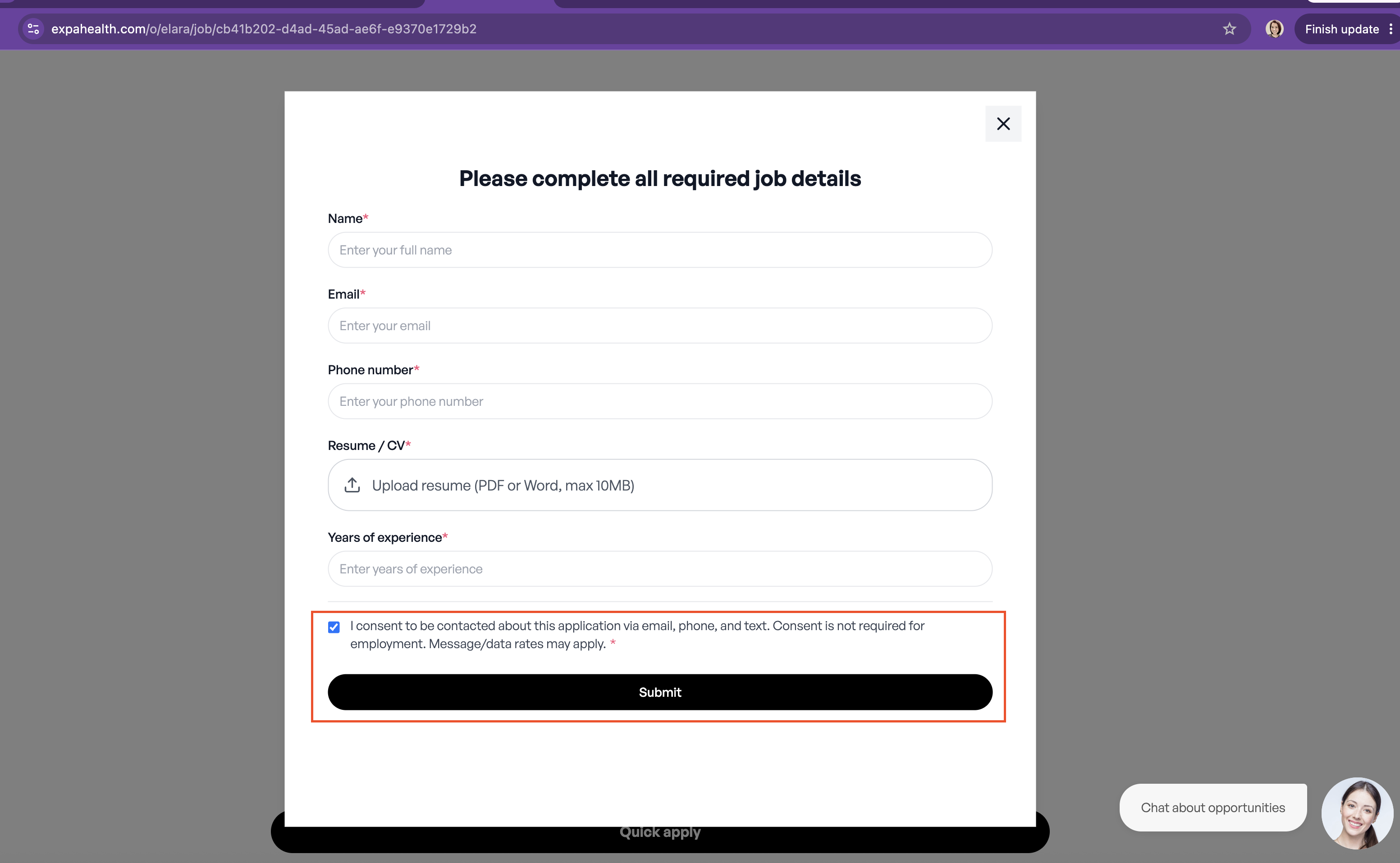Expa job-application form showing the SMS consent checkbox and message/data-rates disclosure